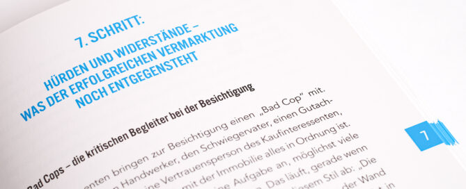 Offenes Buch von Johanes Heller mit deutschsprachiger Seite „7. SCHRITT: Hürden und Widerstände“ in blauem Textlayout.