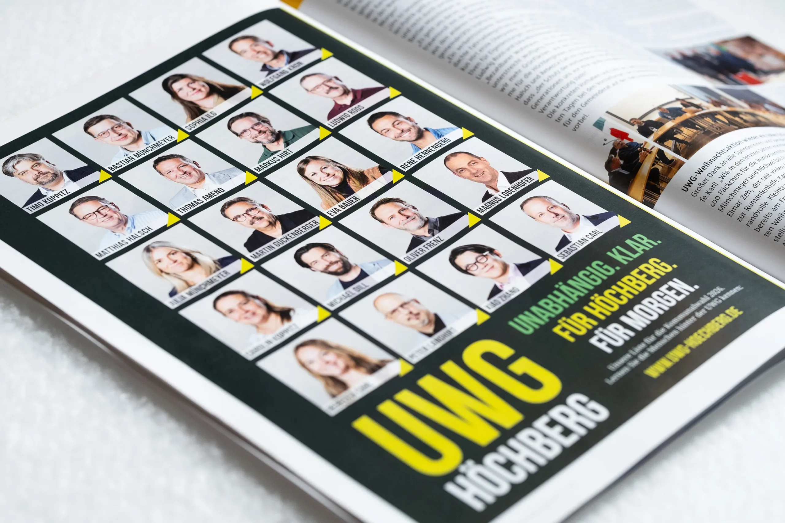 Anzeige der UWG Höchberg Kandidat:innen in einem Gemeindeblatt mit Namen und Slogan.