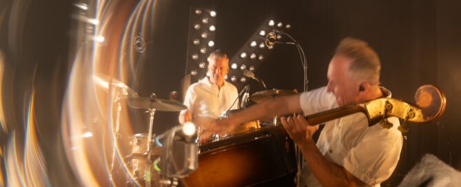 Konzertfotografie in Frankfurt/Batschkapp: Felix Wiegand von Dick Brave mit Kontrabass, Bühnenlicht, dynamische Bewegung, swirling Effekt, Atmosphäre voller Energie